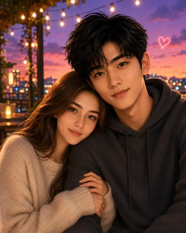 Pixar Style Sunset Cafe Terrace Couple Illustration