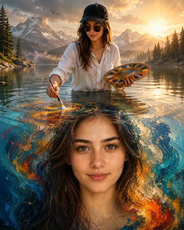Surreal Alpine Lake Dual Exposure Canvas Painting Prompt